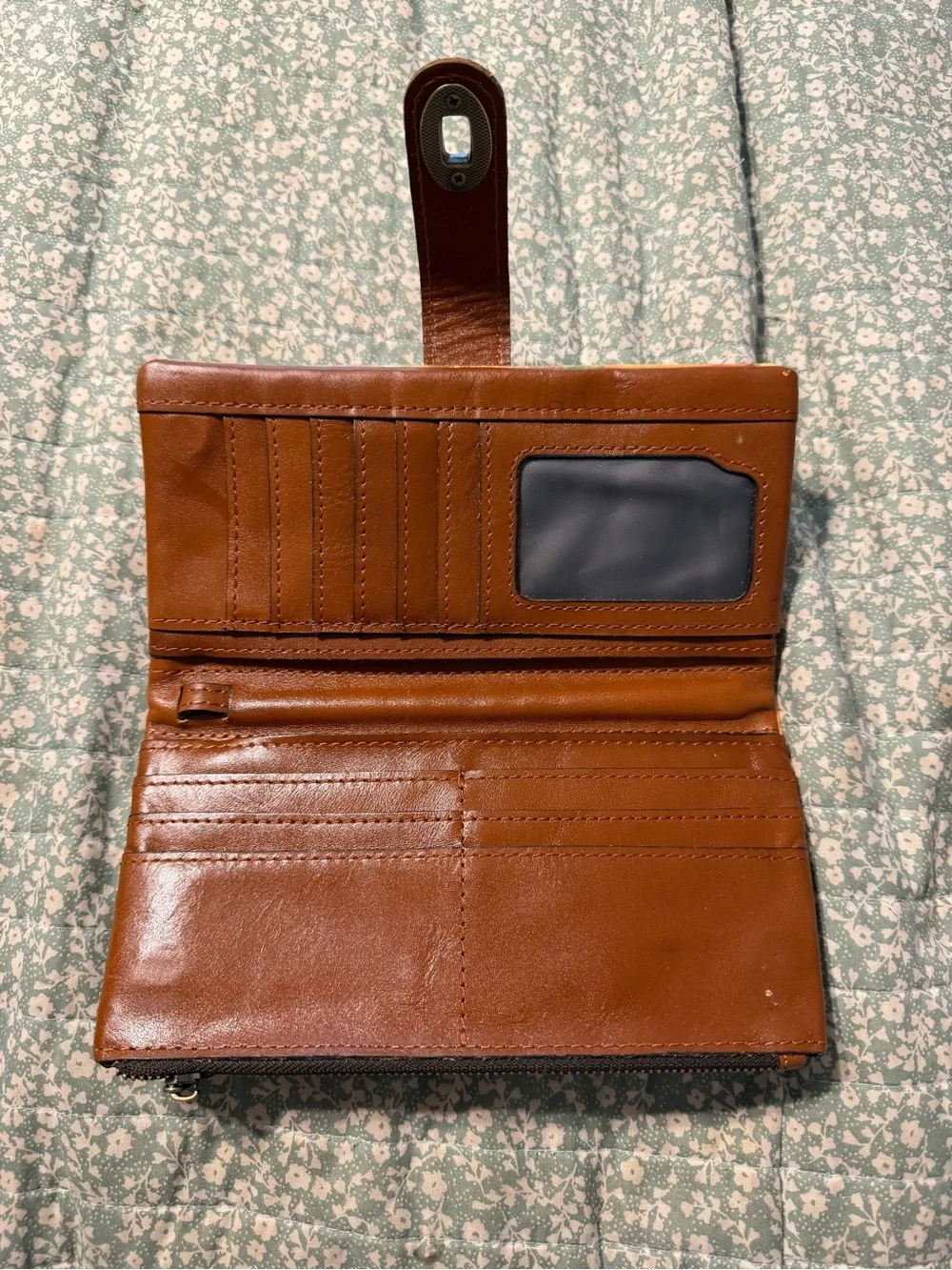 Patricia Nash Floral Leather Fold-Over Wallet in Brown, Orange and Cream